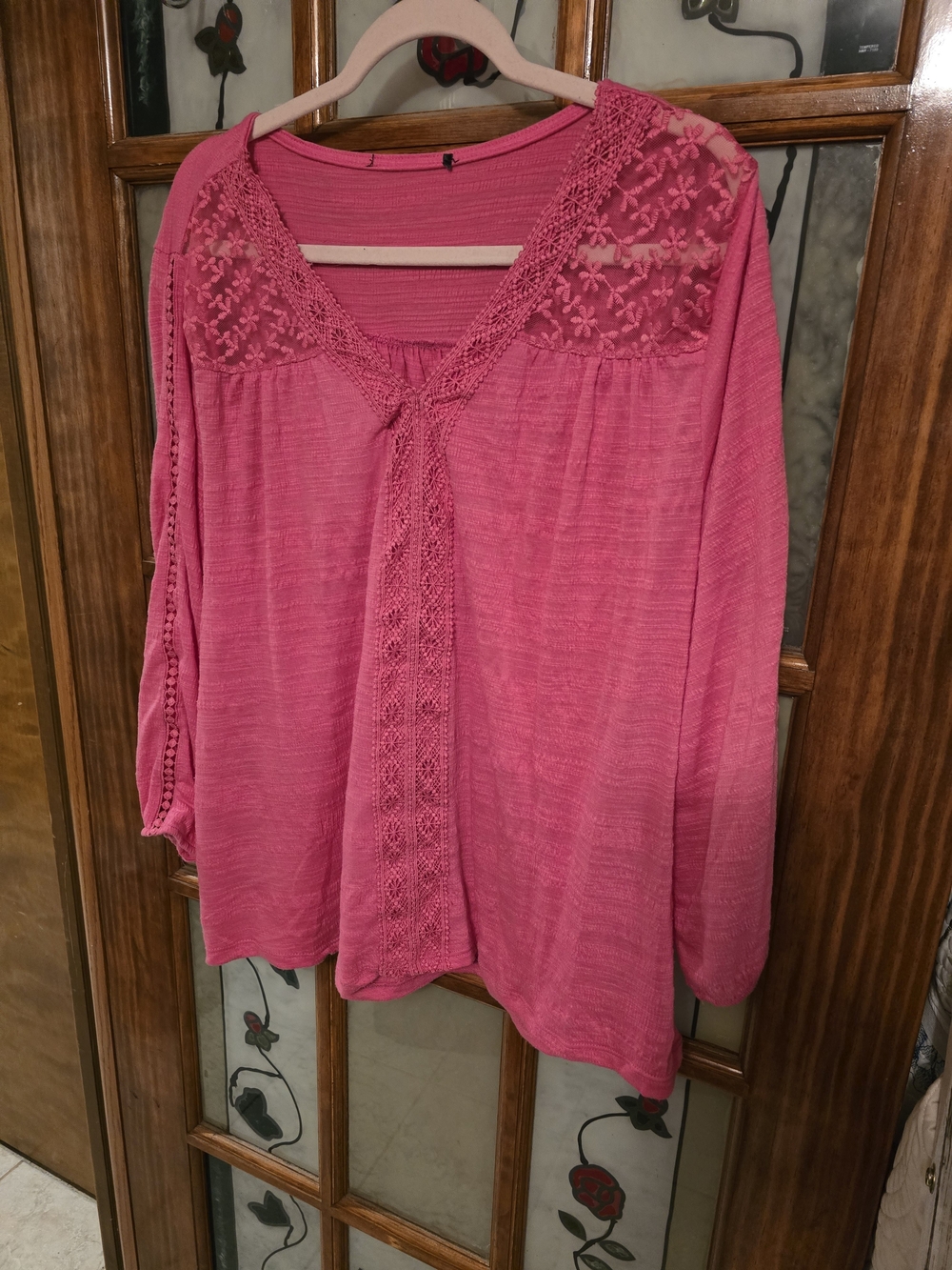 Feminine Pink Lace-Yoke Peasant Blouse